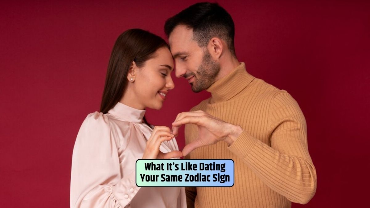 Making a heart shape with their hands, a couple explores the unique dynamics of dating their same zodiac sign.