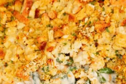 Green Bean Stuffing Casserole, Thanksgiving Side Dish, Creamy Green Bean Recipe, Savory Stuffing, Crispy Fried Onions, Cheddar Cheese, Chicken Broth, Comforting Casserole,