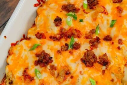 Pierogi Casserole, Italian Sausage, Creamy Cheese, Dinner Recipe, Three Cheese Pierogies, Caramelized Onions, Potato Casserole, Easy Recipe, Comfort Food, Savory Dish.