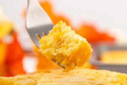 Corn Soufflé, recipe, ingredients, cooking, holiday side dish, Thanksgiving, fluffy texture, Jiffy corn muffin mix, melted butter, sour cream, egg, whole kernel corn.